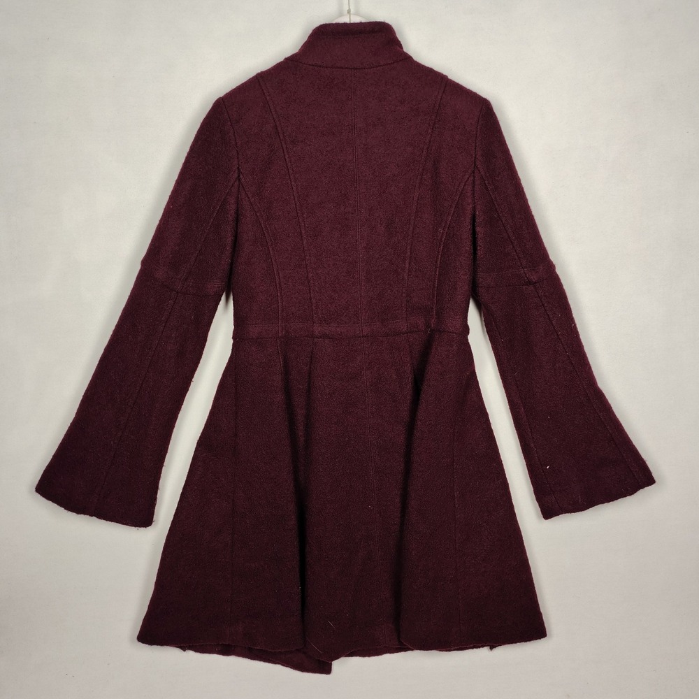 GUESS Burgundy Wool Blend Double Breasted Funnel Neck Flare Coat Silver Buttons
